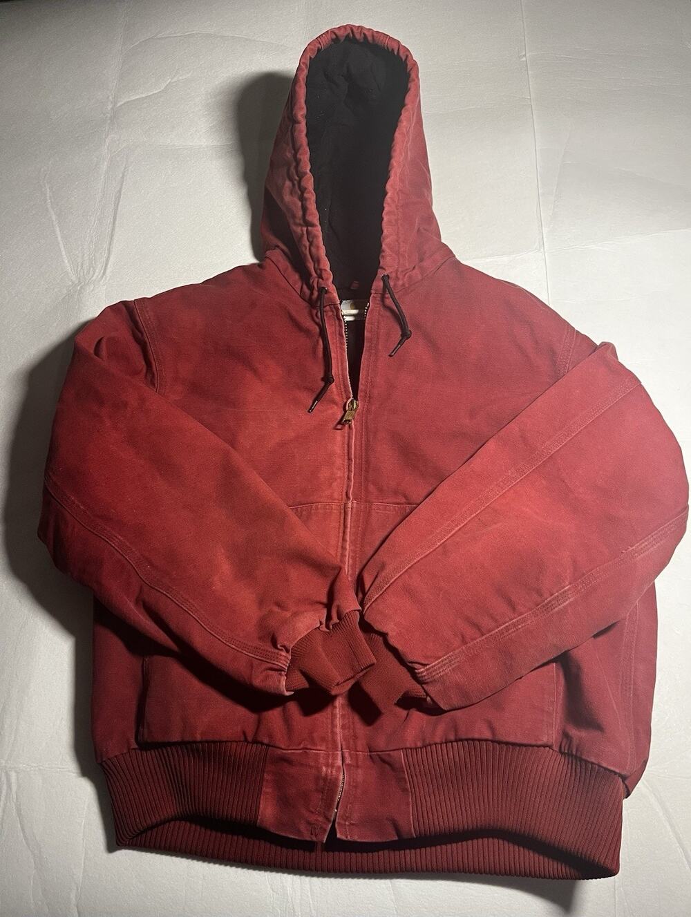 Vintage Carhartt Crimson Red Duck Canvas Hooded Work Jacket Distressed Men’s L